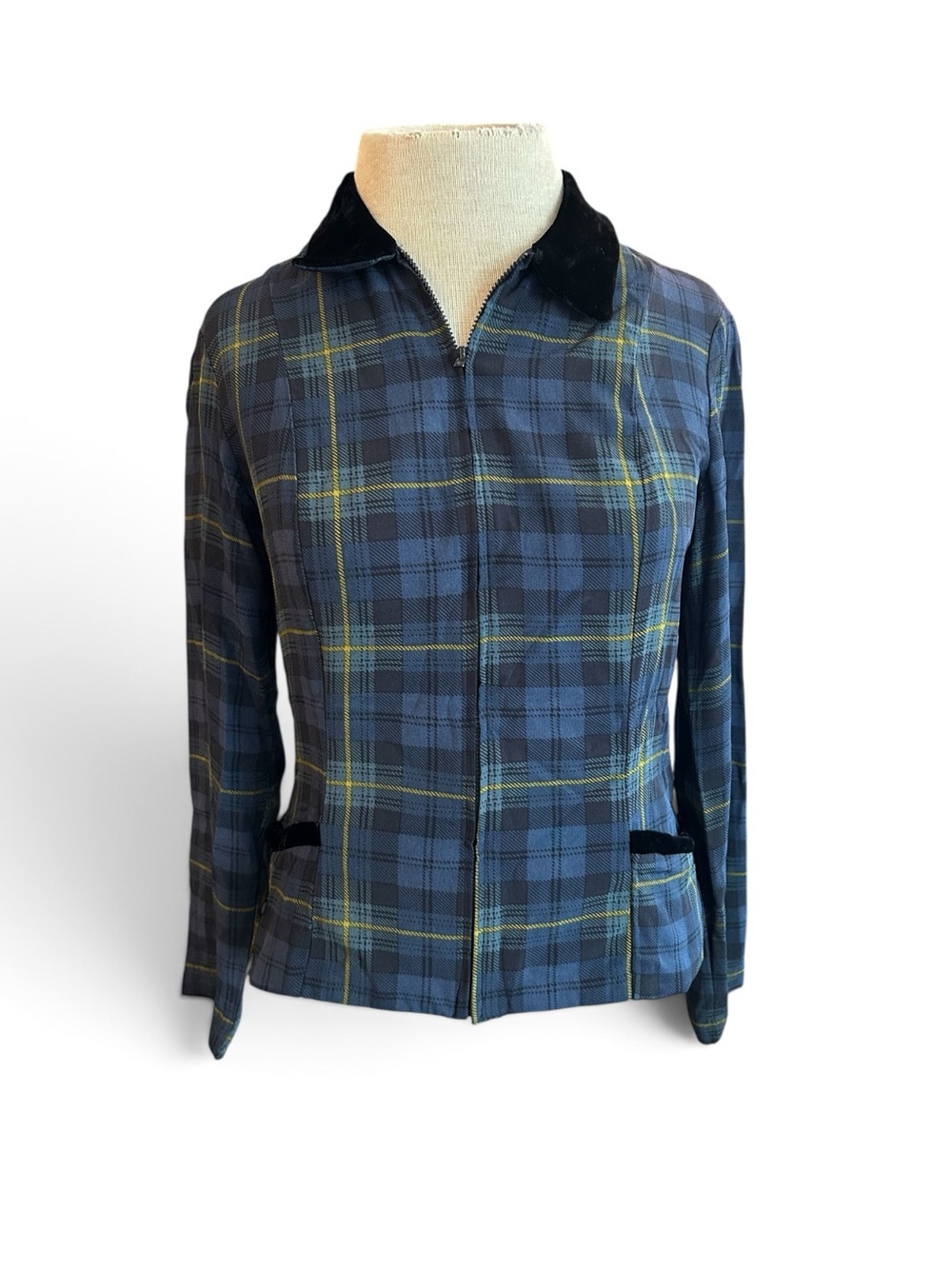 Betsey Johnson Vintage Y2K  Blue Tartan Zip Jacket with Black Velvet Collar L